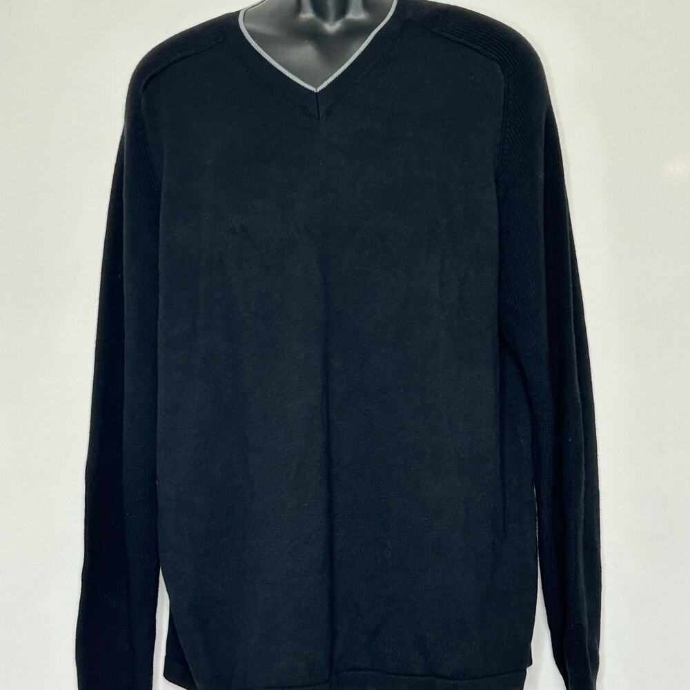 Perry Ellis Sweater Mens Large Black V Neck Gray Trim Cotton Rayon Knit Pullover